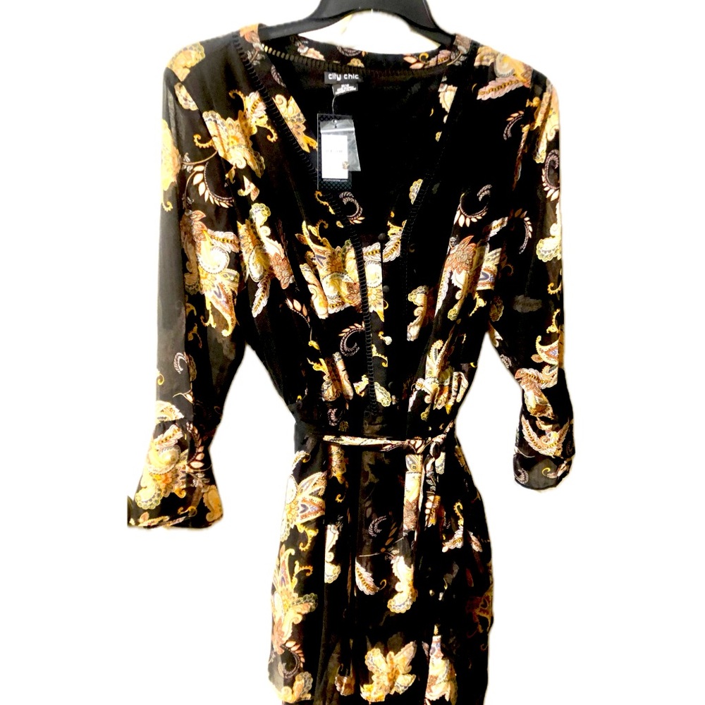 City Chic Black Dress with Gold Floral Design